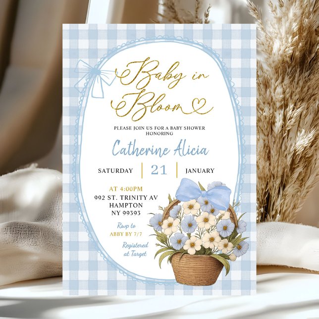 Convites Chá de Bebê Coquette Xadrez Azul Bebê em Flor (Criador carregado)