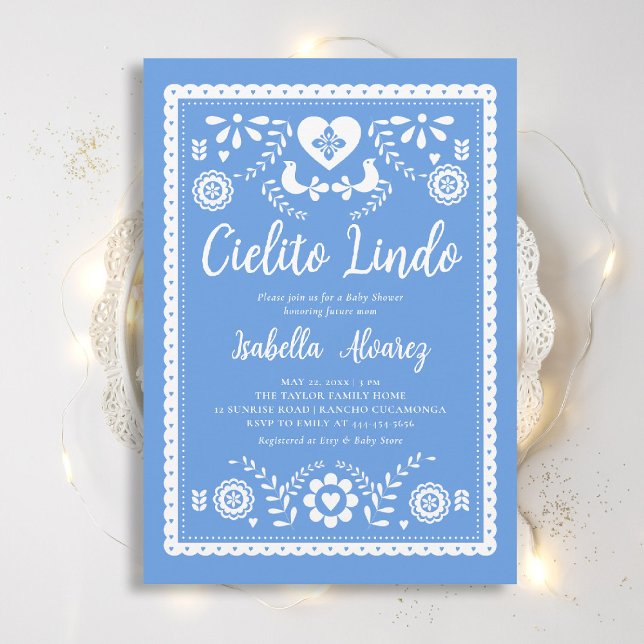 Convites Chá de Bebê Coração Cielito Lindo Mexicano Picado (cielito lindo baby shower invitation mexican papel picado heart blue rancho fiesta elegant classy)