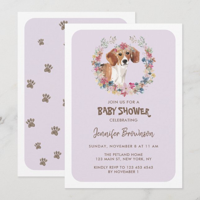 Convites Chá de Bebê Coroa Floral Cachorro Beagle (Frente/Verso)