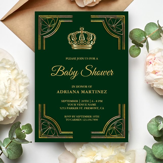 Convites Chá de Bebê Coroa Ornamentada em Dourado Verde Vin (Criador carregado)