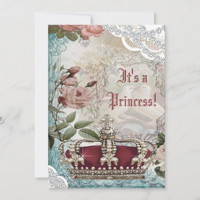 Convites Chá de Bebê Coroa Princesa Vintage Elegante (Frente)