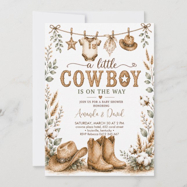 Convites Chá de Bebê Cowboy Rústico (Frente)