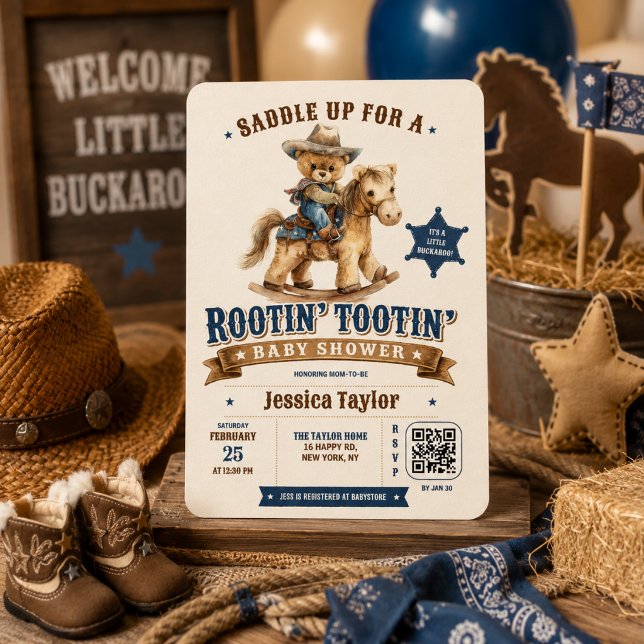 Convites Chá de Bebê Cowboy Teddy Bear Western QR RSVP (Criador carregado)