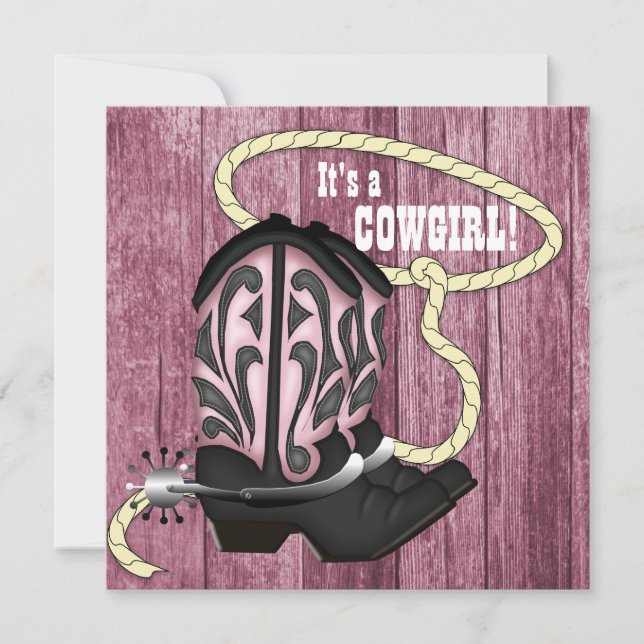 Convites Chá de Bebê Cowgirl em Madeira de Celeiro Rosa (Frente)