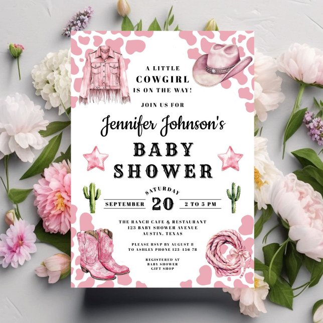 Convites Chá de Bebê Cowgirl Rosa Fofa (Cute Pink Cowgirl Baby Shower Invitation)