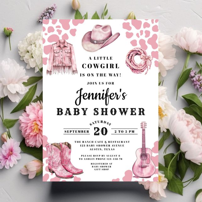 Convites Chá de Bebê Cowgirl Rosa Moderna (Modern Pink Cowgirl Baby Shower Invitation)