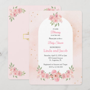 Convites Chá de Bebê Cristão Blush Floral com Cruz Dourada