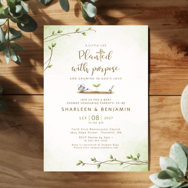 Convites Chá de Bebê Cristão Plantado com Propósito (Planted With Purpose Christian Baby Shower Invitation)