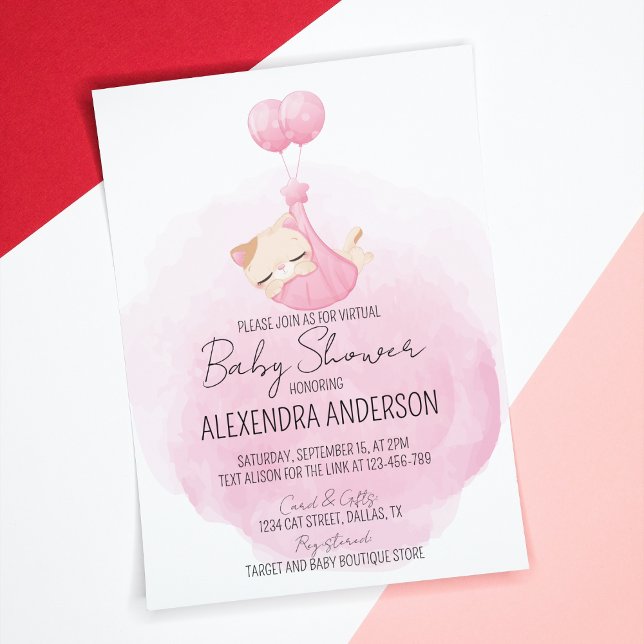 Convites Chá de Bebê Cristina Rosa Personalizada (Baby girl cat theme pink shower Invitation for cat lover mom-to be. )