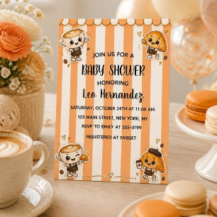 Convites Chá de Bebê Croissant Café Kawaii Fofinho Laranja