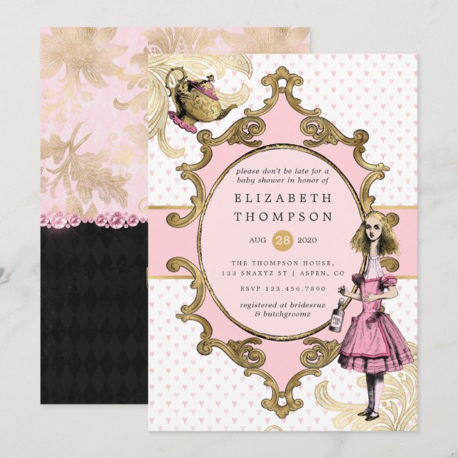 Convites Chá de Bebê da Alice no País das Maravilhas Rosa e (Frente/Verso)