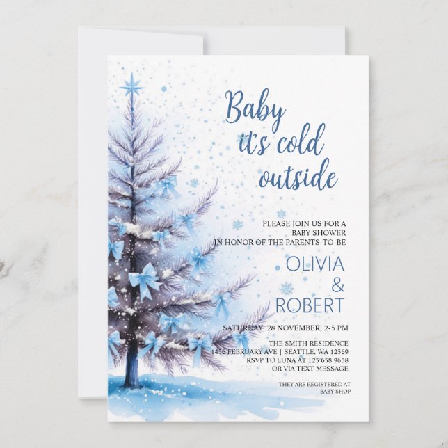Convites Chá de Bebê da Árvore de Natal Azul (Frente)