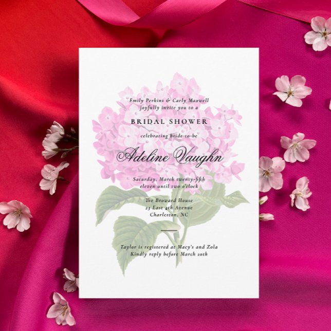 Convites Chá de Bebê da Avó Rosa Grandmillennial (Antique Pink Hydrangea graphic white bridal shower invitation with traditional and elegant text)