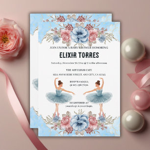 Convites Chá de Bebê da Bailarina Floral em Aquarela Azul F