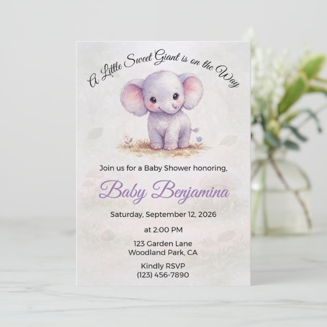 Convites Chá de Bebê da Doce Elefante Roxa Menina (Em pé/Frente)