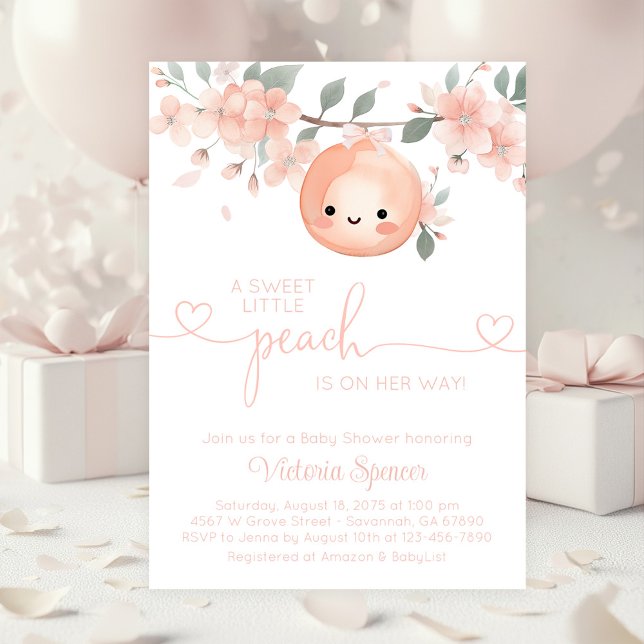 Convites Chá de Bebê da Doce Menina Pêssego (Cute little peach baby shower invitation. Simply add your event details. )