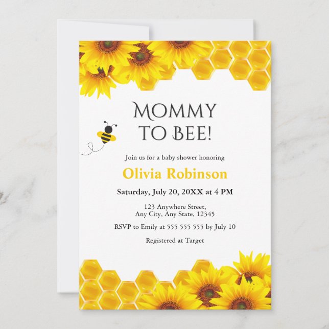 Convites Chá de Bebê da Mamãe Abelha com Mel floral Amarelo (Frente)