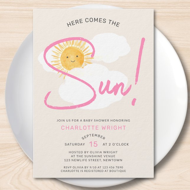 Convites Chá de Bebê da Menina 'Aqui Vem o Sol' (Criador carregado)