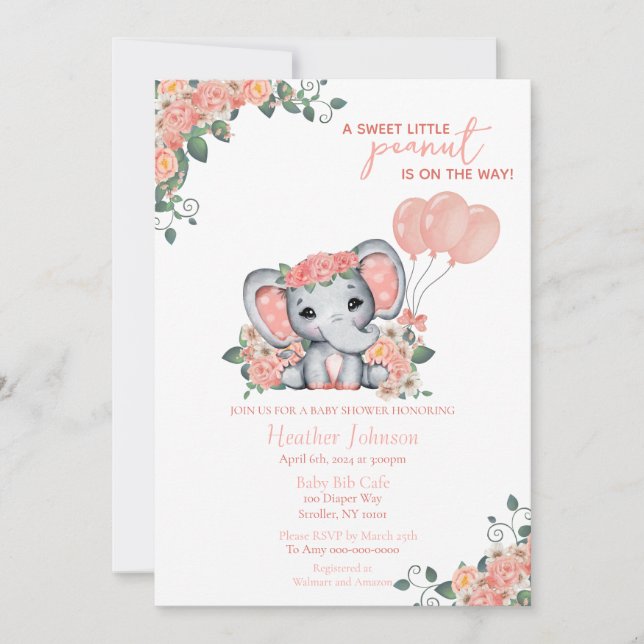 Convites Chá de Bebê da Menina Elefante (Frente)