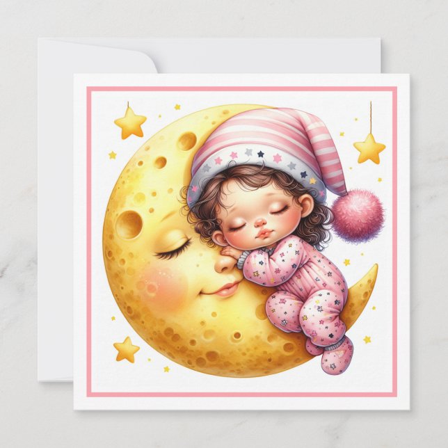 Convites Chá de Bebê da Menina que Dorme com a Lua (Frente)