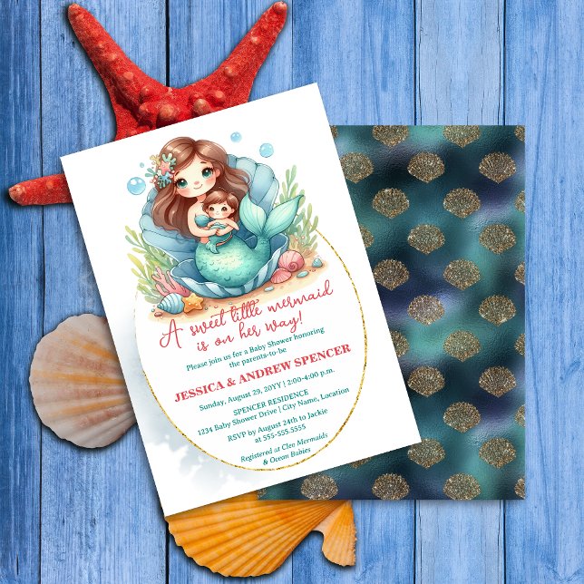 Convites Chá de Bebê da Pequena Sereia (Sweet little baby mermaid baby shower invite front and back view.)