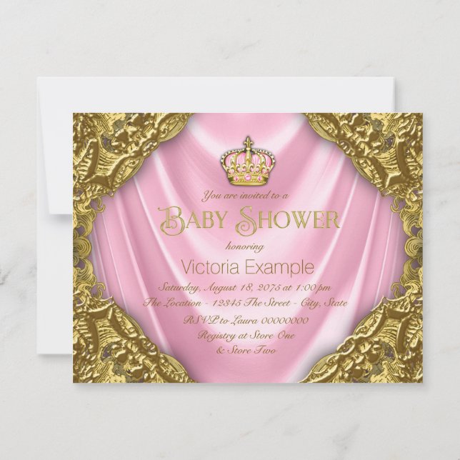 Convites Chá de Bebê da Princesa Real Cetim Rosa e Dourado (Verso)
