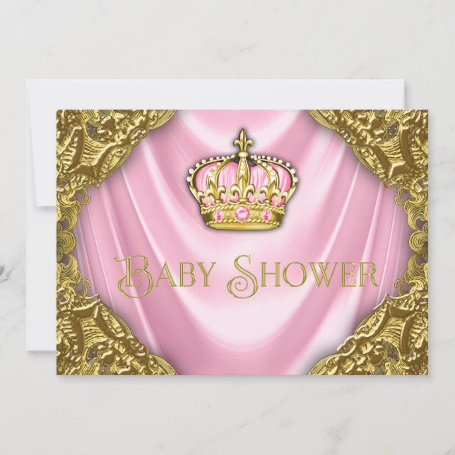 Convites Chá de Bebê da Princesa Real Cetim Rosa e Dourado (Frente)