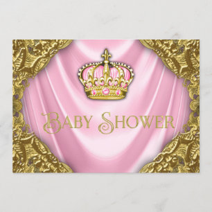 Convites Chá de Bebê da Princesa Real Cetim Rosa e Dourado