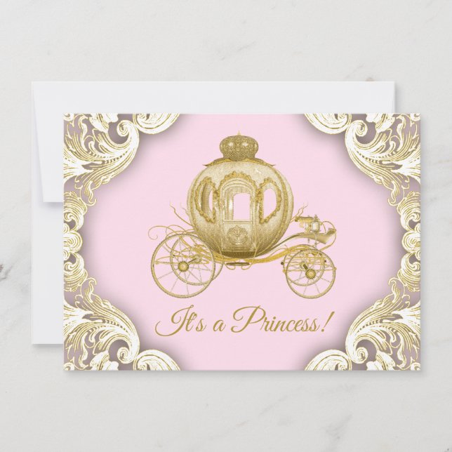 Convites Chá de Bebê da Princesa Real em Carruagem Rosa e D (Frente)