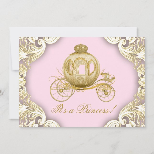 Convites Chá de Bebê da Princesa Real em Rosa e Dourado (Frente)