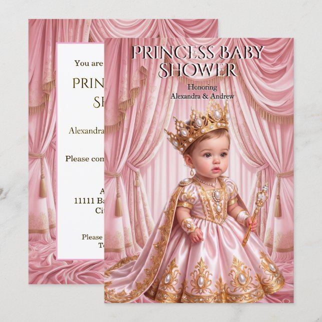 Convites Chá de Bebê da Princesa Real Tiaro Rosa Dourado (Frente/Verso)