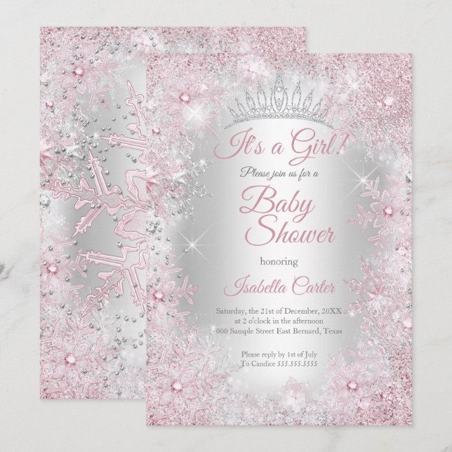 Convites Chá de Bebê da Princesa Rosa Bege Florido Inverno  (Frente/Verso)