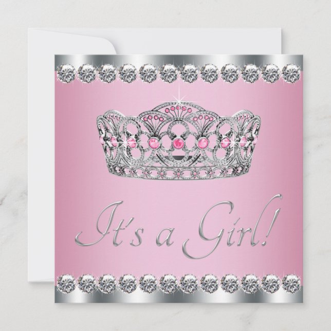 Convites Chá de Bebê da Princesa Rosa com Tiara de Diamante (Frente)