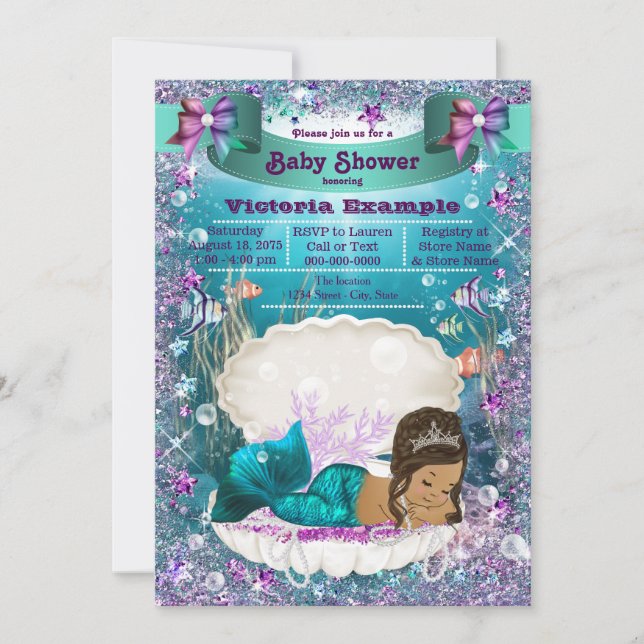 Convites Chá de Bebê da Princesa Sereia Étnica (Frente)