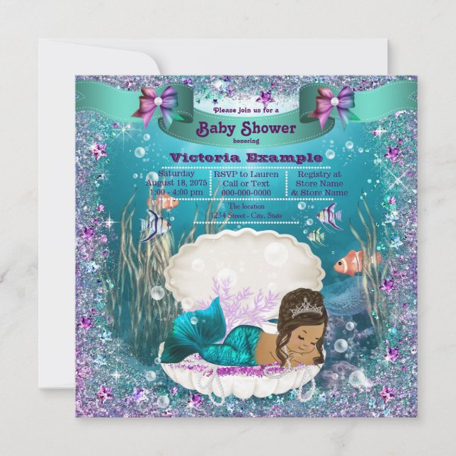 Convites Chá de Bebê da Princesa Sereia Étnica (Frente)