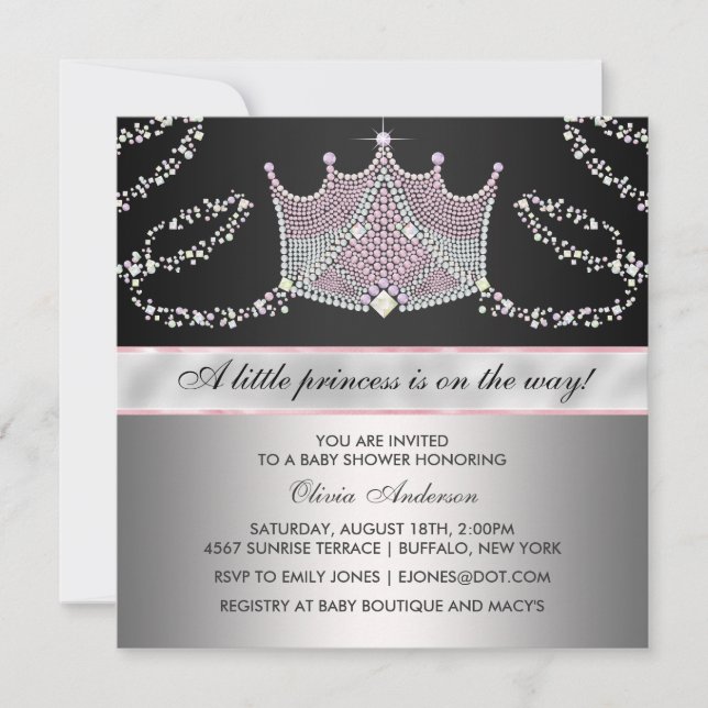 Convites Chá de Bebê da Princesinha Bebê Menina Tiara Preto (Frente)