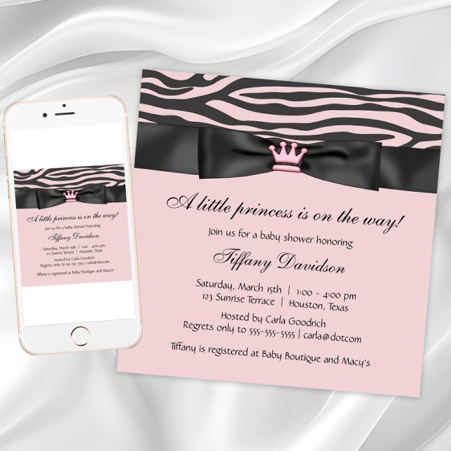 Convites Chá de Bebê da Zebra Rosa (Pink zebra baby shower invitation. Add your own text. Digital download and printed invitations.)