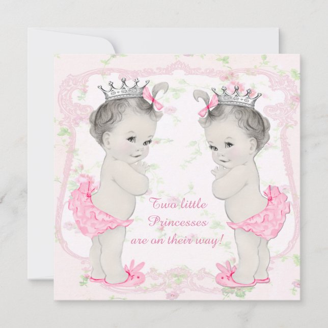 Convites Chá de Bebê das Gêmeas Princesas Rosa Adoráveis (Frente)
