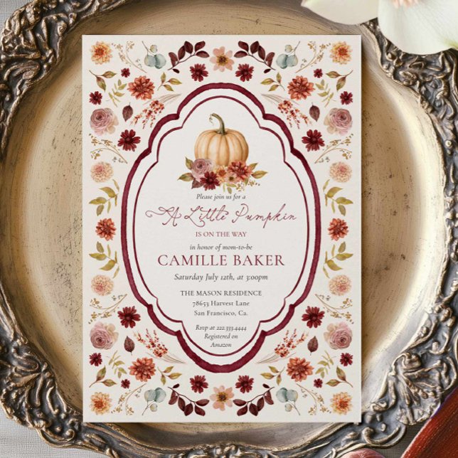 Convites Chá de Bebê de Abóbora Burgundy Rústico (Little Pumpkin Floral Baby shower Invite)
