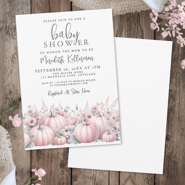 Convites Chá de Bebê de Abóbora Rosa de Outono (Pink Pumpkin Fall Baby Shower Invitation)