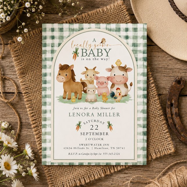 Convites Chá de Bebê de Animais da Fazenda de Bebê Gingham  (Gingham Locally Grown Baby Farm Animal Baby Shower Invitation)