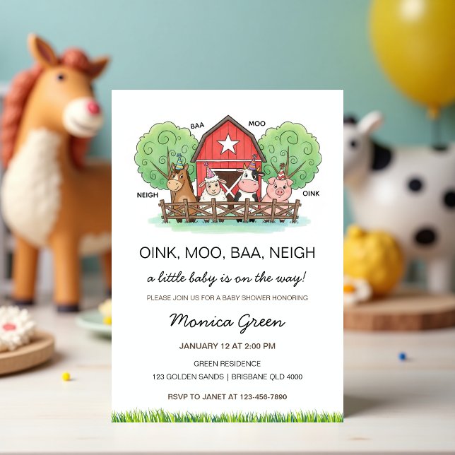 Convites Chá de Bebê de Animais da Fazenda Fofos (Farm Animal Baby Shower Invitation – Cute Barnyard Baby Shower Invite, Gender Neutral)