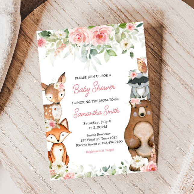 Convites Chá de Bebê de Animais Florestais (Floral Woodland Baby Shower Invitation)
