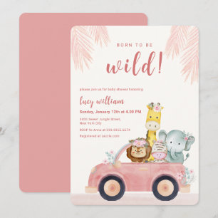 Convites Chá de Bebê de Animais Safari Pink Born To Be Wild
