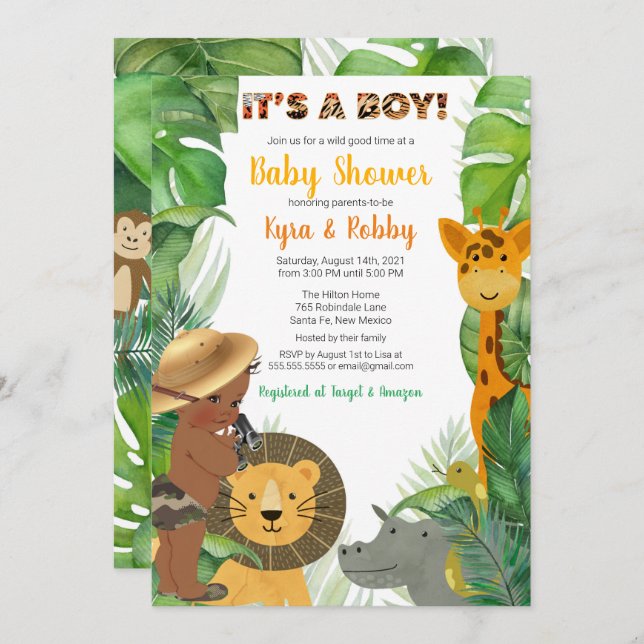 Convites Chá de Bebê de Animais Safari Selva  (Frente/Verso)