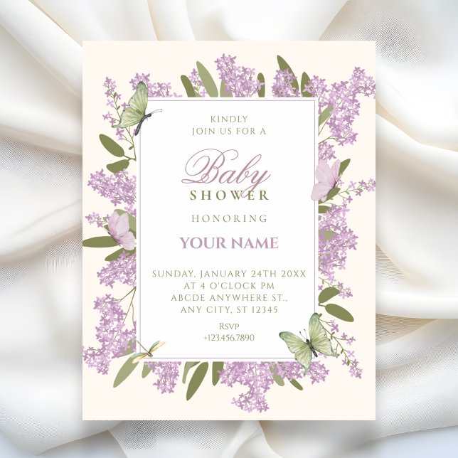 Convites Chá de bebê de aniversário floral roxo (Criador carregado)