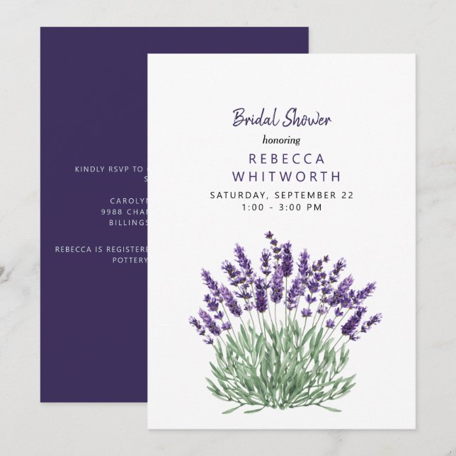 Convites Chá de Bebê de Aquarela Lavanda Elegante (Frente/Verso)