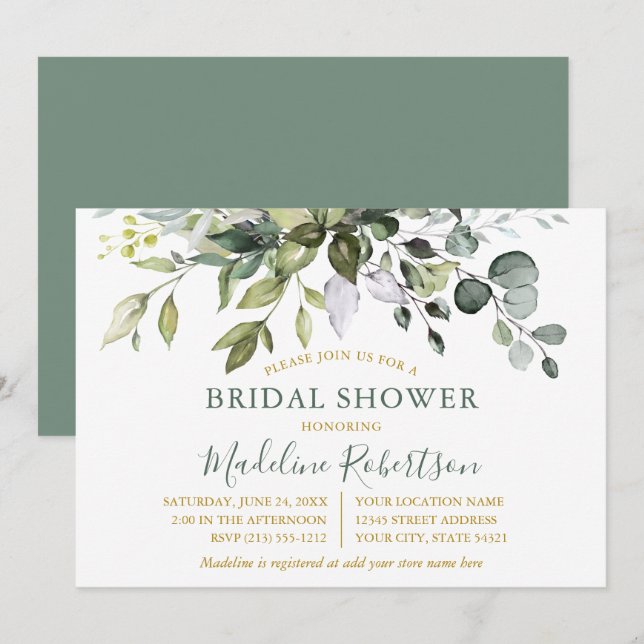 Convites Chá de Bebê de Aquarela Verde Oliva Dourado (Frente/Verso)