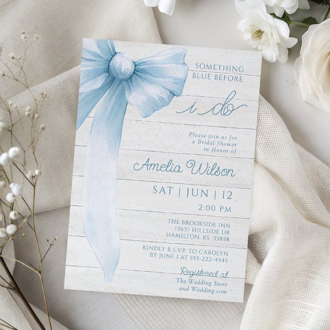 Convites Chá de Bebê de Arco Rústico Azul (Rustic Bow Something Blue Bridal Shower Invitation)