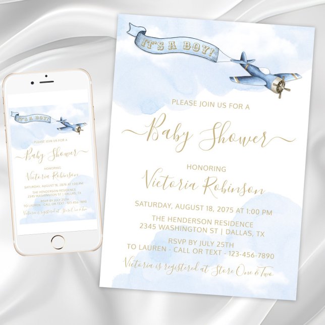 Convites Chá de Bebê de Avião Antigo Menino (Baby blue and gold vintage airplane invitations. Instant download and printed invitations available.)